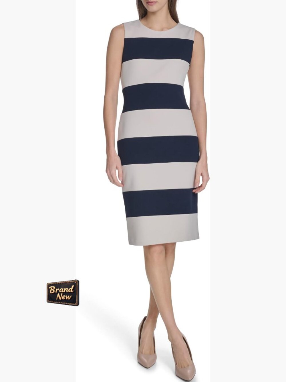 Sleeveless Scuba Sheath Dress Stripe Knee-Length Zip Closure